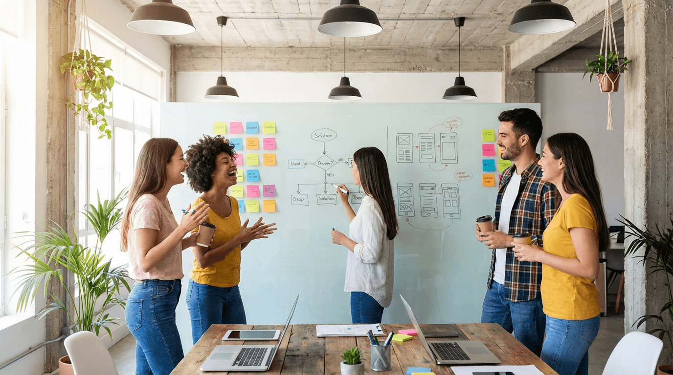 Team brainstorming and collaborating on a whiteboard