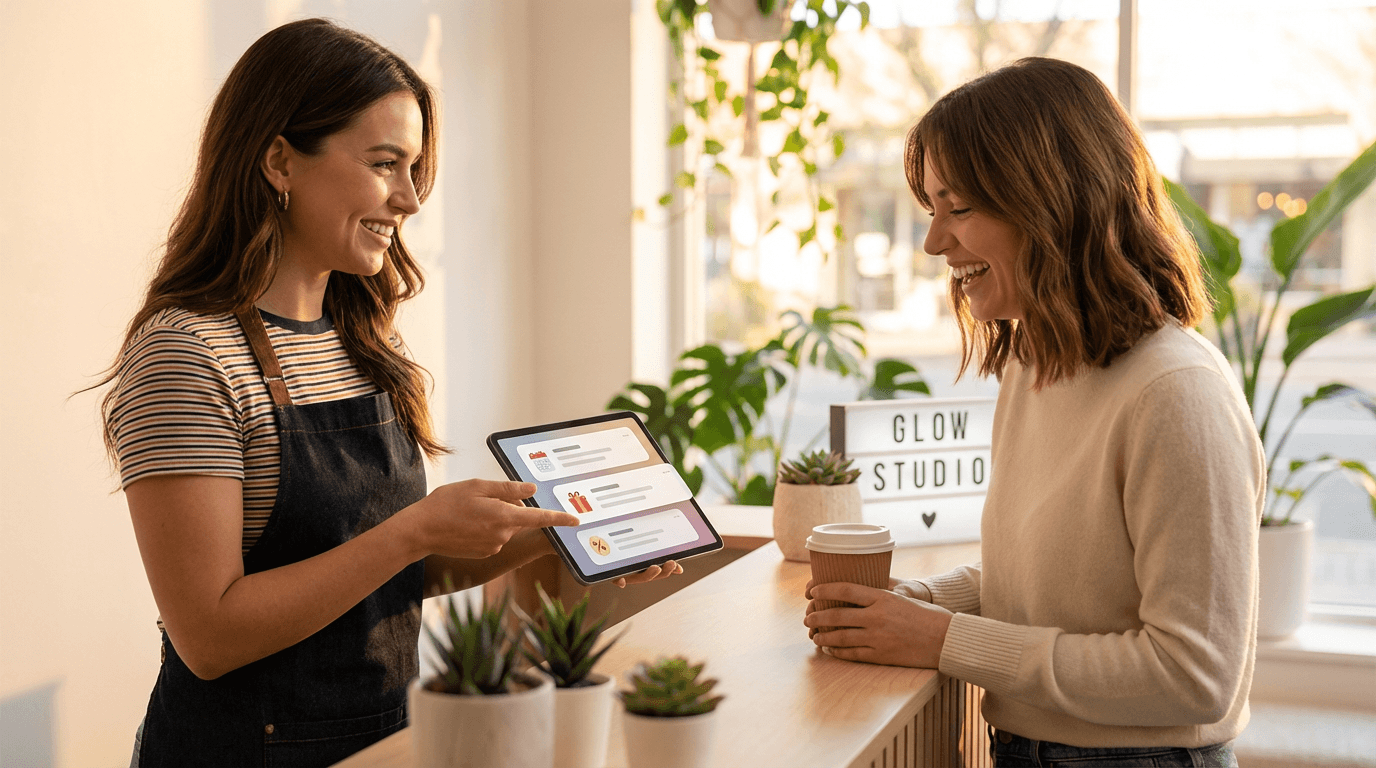 Business attendant showing client retention notifications to a happy customer